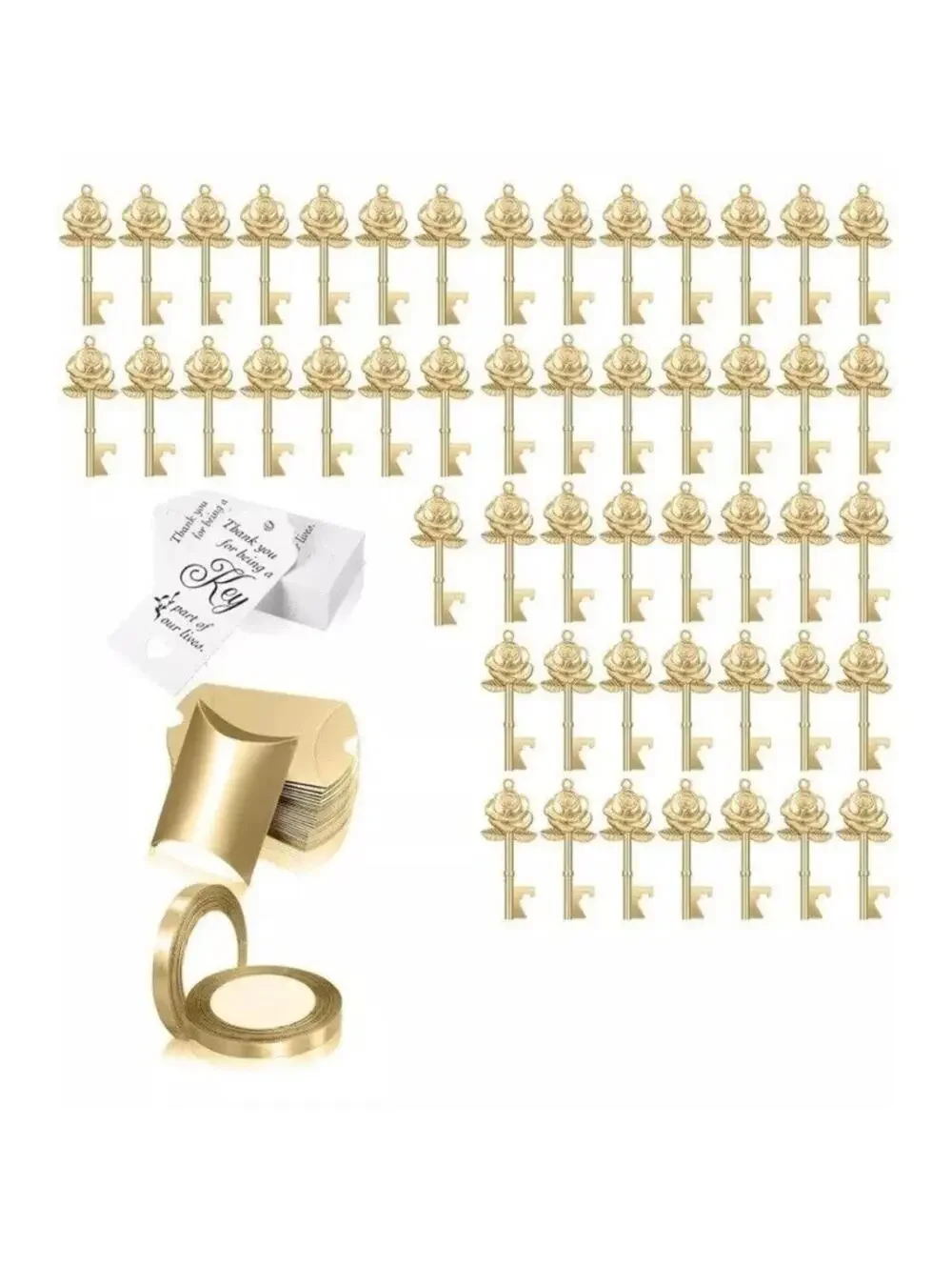 Wedding Invitations Guest Gifts Gold Rose Keys w Thank You Cards Goodie 50pc New